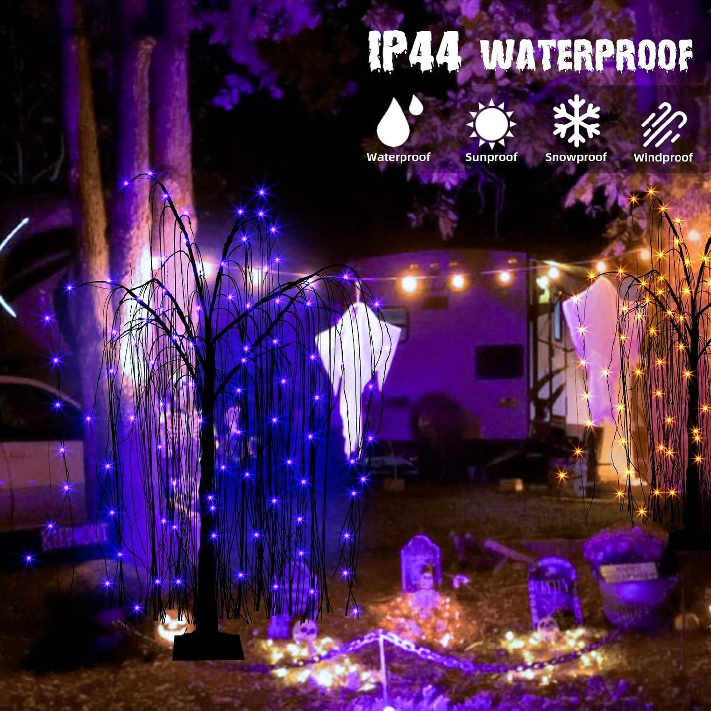EAMBRITE Halloween Tree 4 FT 180 LED Black Willow Tree with Orange Purple Fairy Lights and Spider Web