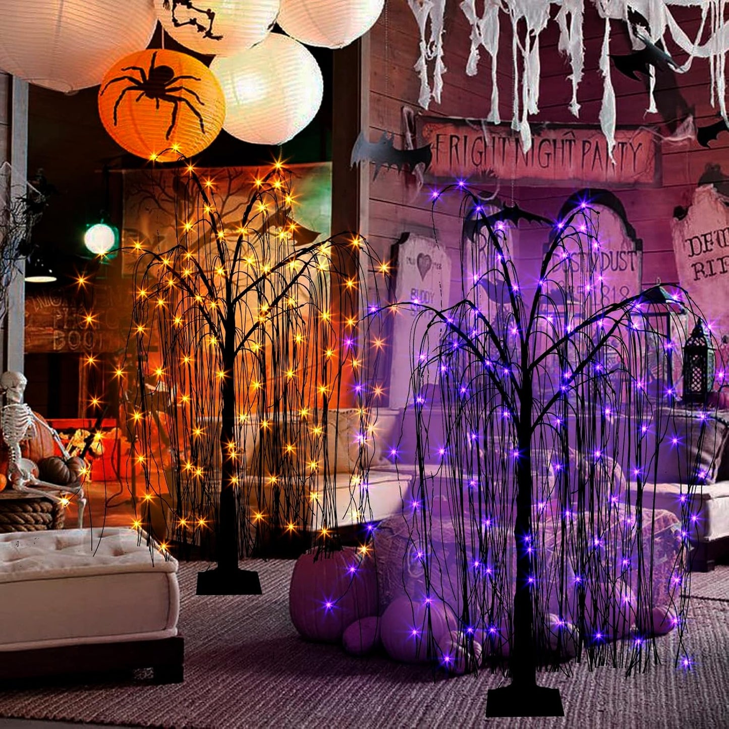 EAMBRITE Halloween Tree 4 FT 180 LED Black Willow Tree with Orange Purple Fairy Lights and Spider Web