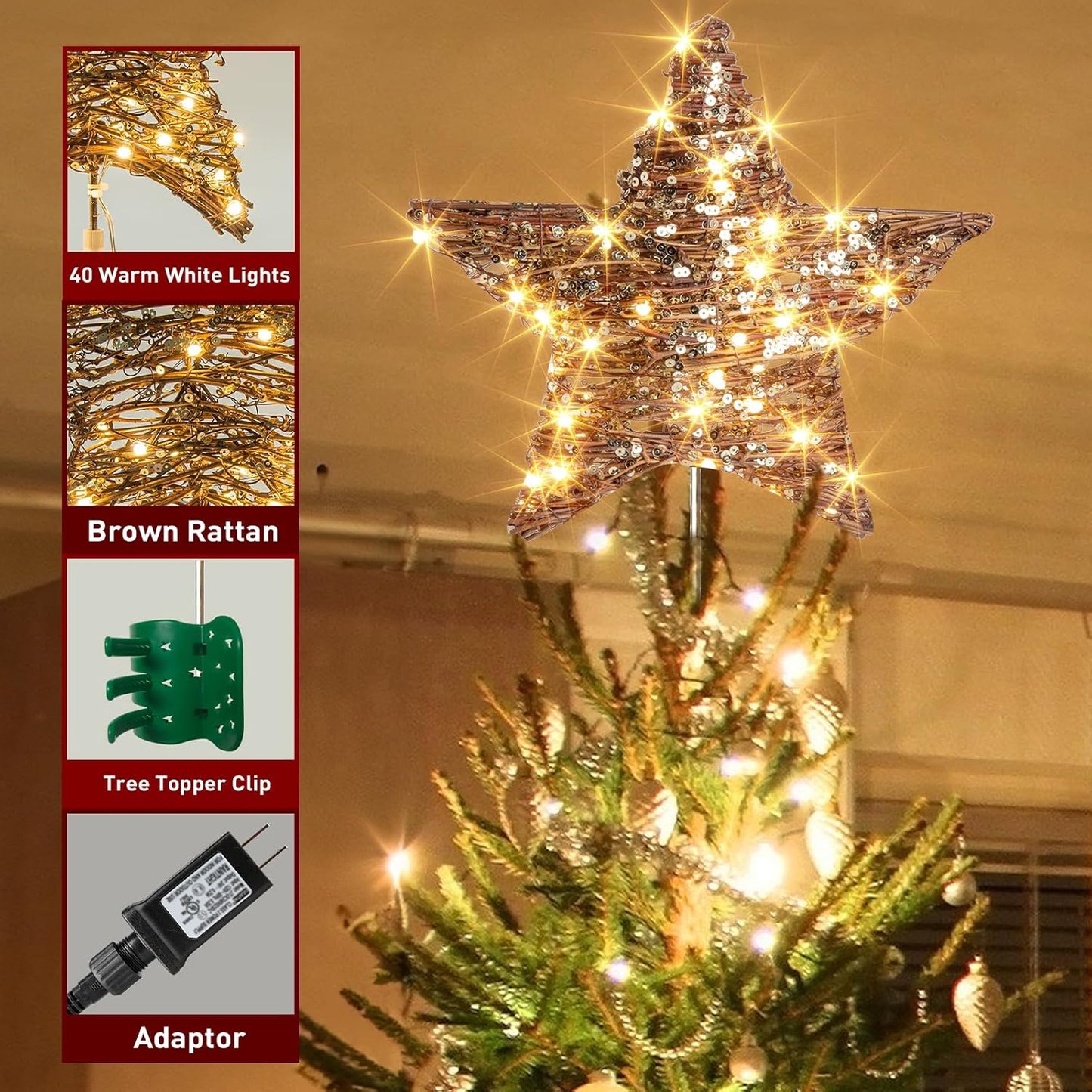 EAMBRITE 13.37” 40 LED Christmas Rattan Tree Topper