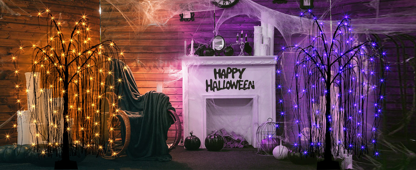 EAMBRITE Halloween Tree 4 FT 180 LED Black Willow Tree with Orange Purple Fairy Lights and Spider Web