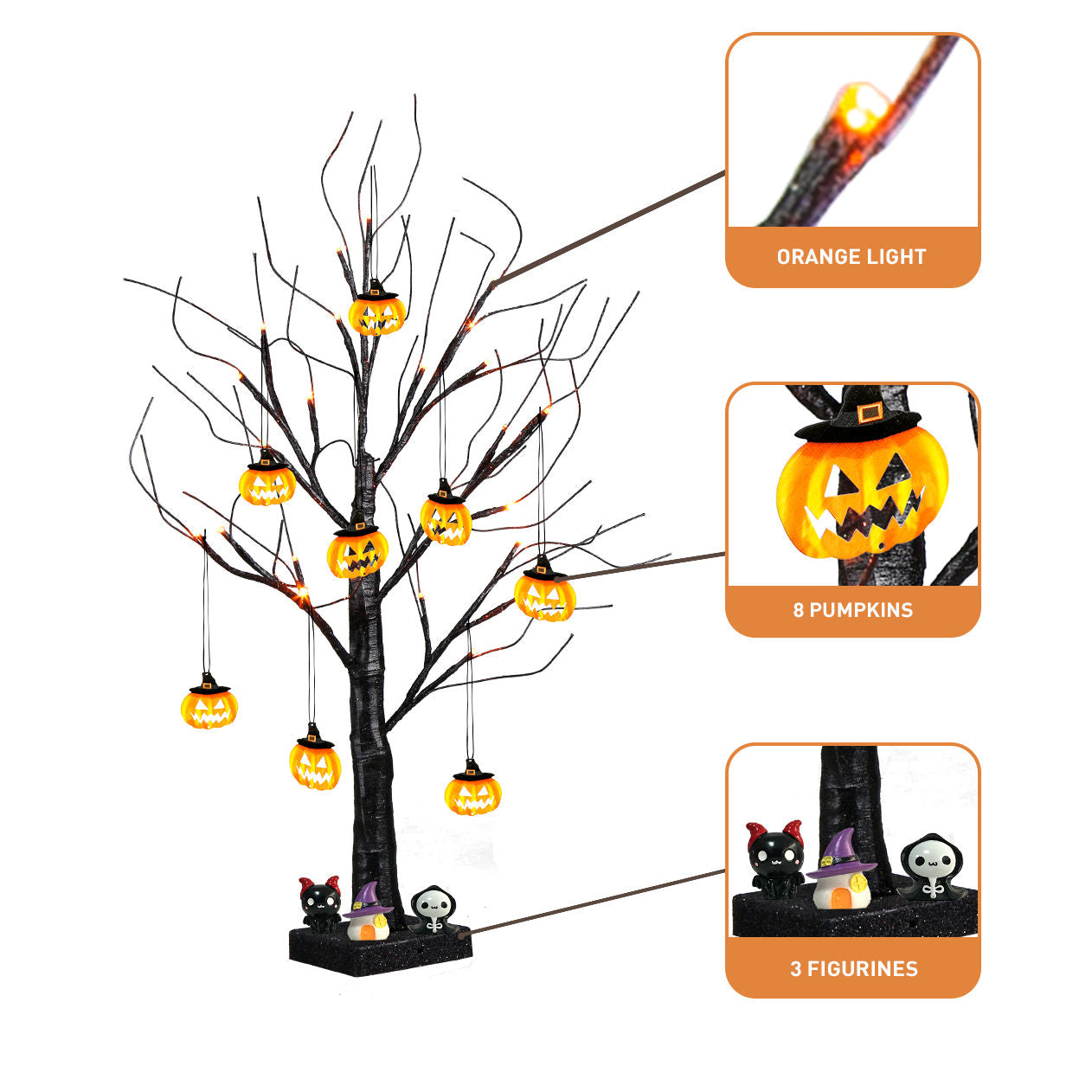 EAMBRITE Halloween Tree, 2FT Black Spooky Tree with 24 LED Orange Lights 8 Pumpkin
