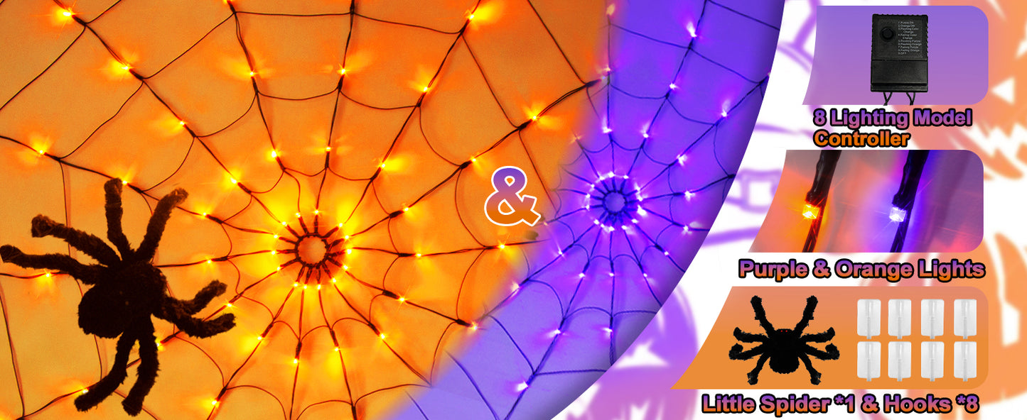 EAMBRITE Halloween Spider Web Lights with 84LED Orange/Purple Lights