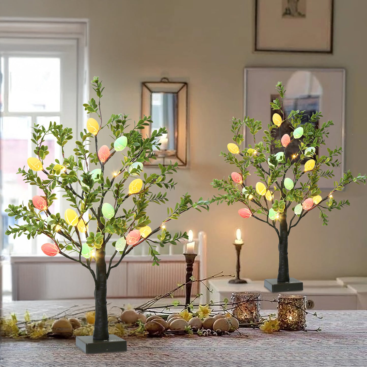 EAMBRITE Easter Decorations Easter Tree with Eggs, 2Ft Tabletop Tree with 24 LED Lights