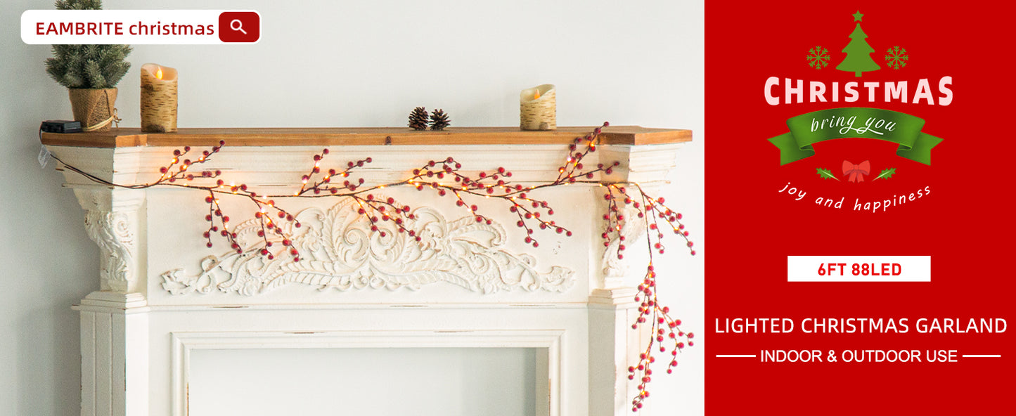 EAMBRITE Lighted Red Berry Garland, 6 FT 88 LED Christmas Garland with Warm White Lighs