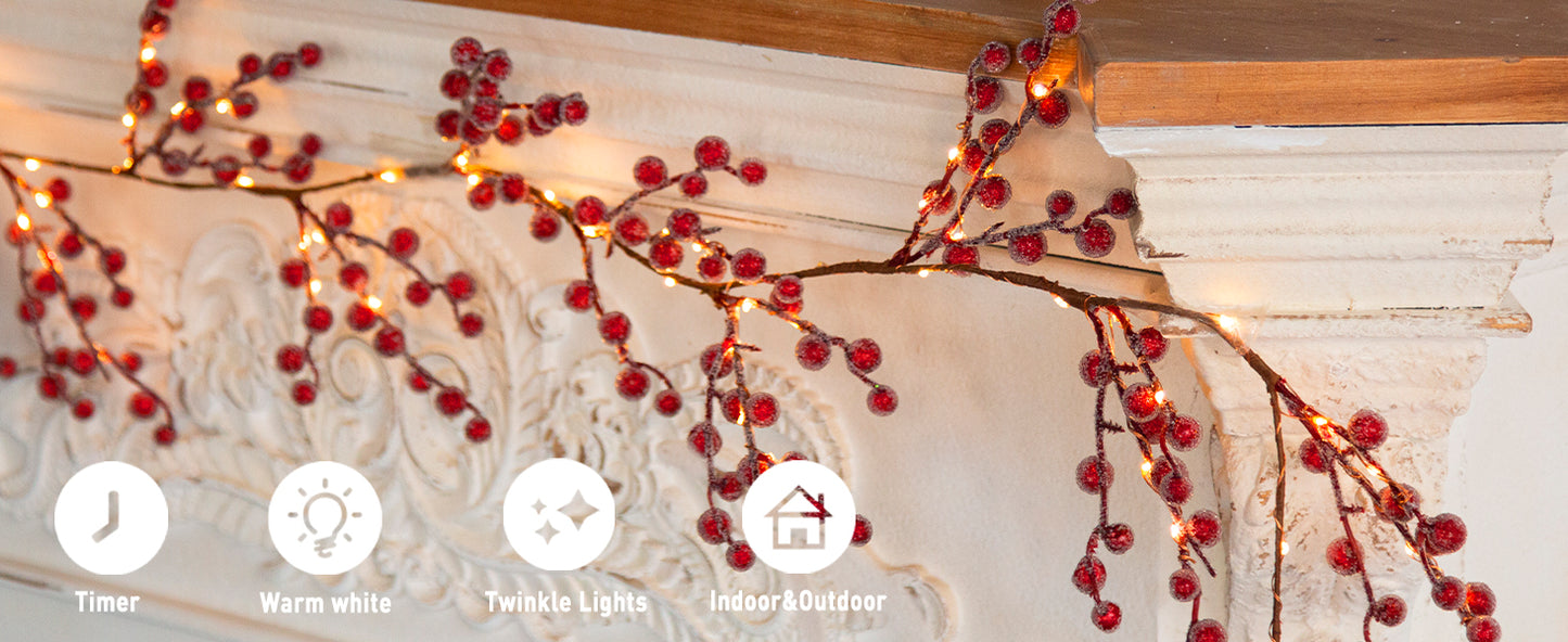 EAMBRITE Lighted Red Berry Garland, 6 FT 88 LED Christmas Garland with Warm White Lighs