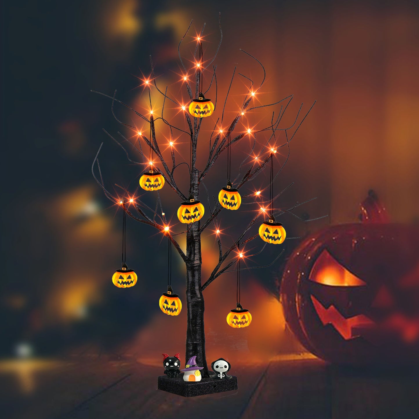 EAMBRITE Halloween Tree, 2FT Black Spooky Tree with 24 LED Orange Lights 8 Pumpkin