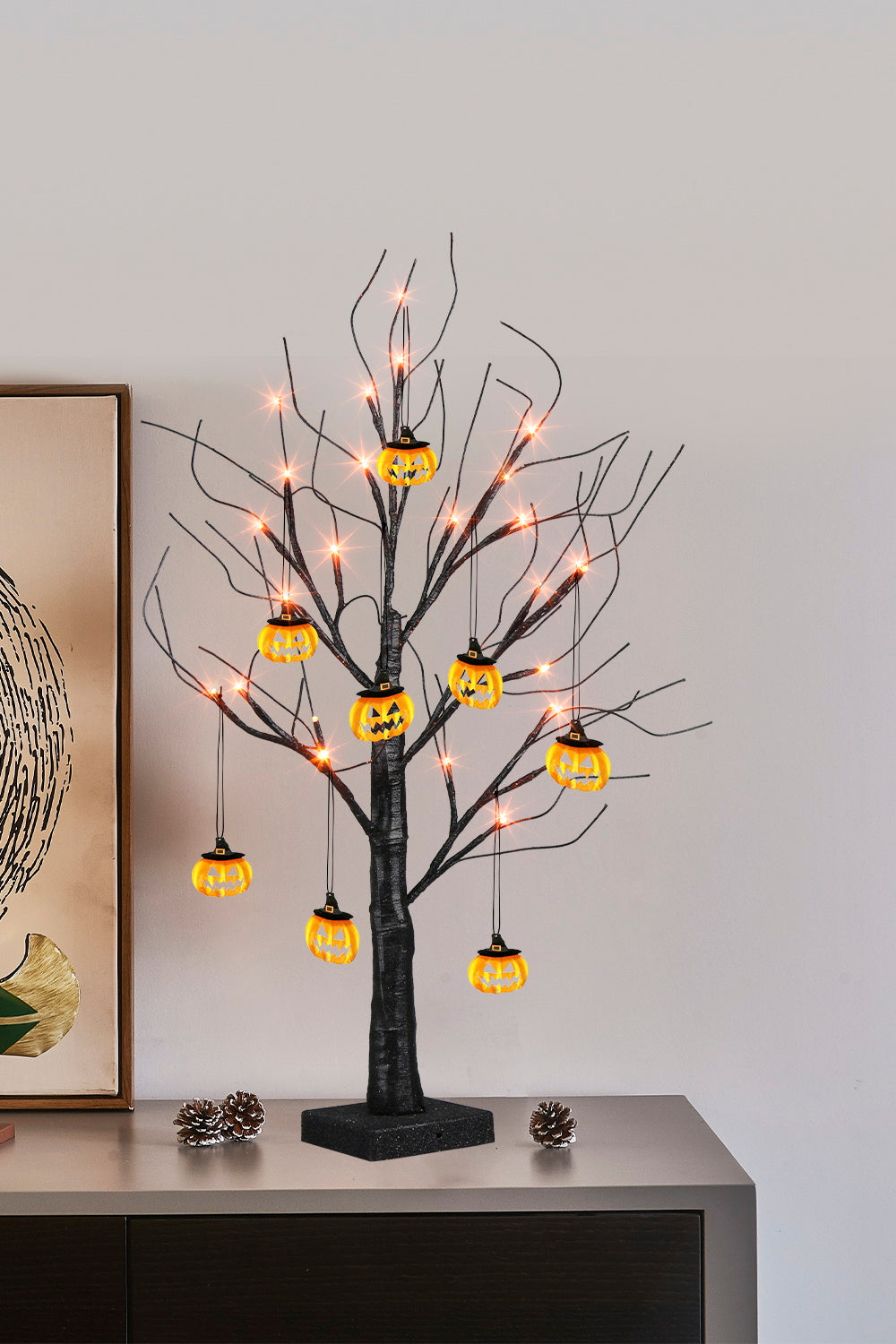 EAMBRITE Halloween Tree, 2FT Black Spooky Tree with 24 LED Orange Lights 8 Pumpkin