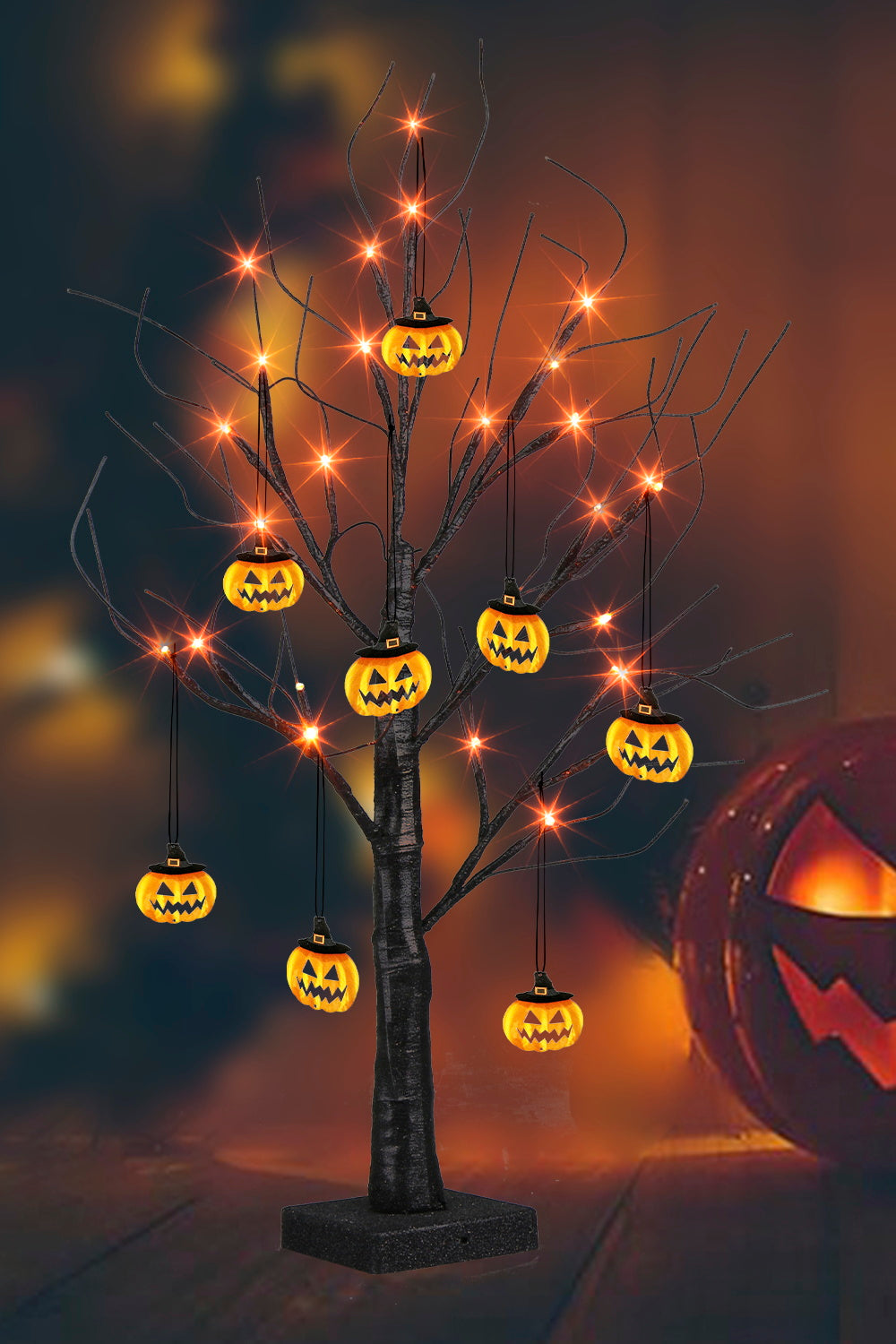 EAMBRITE Halloween Tree, 2FT Black Spooky Tree with 24 LED Orange Lights 8 Pumpkin
