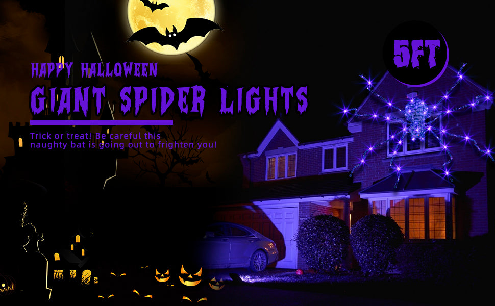 EAMBRITE 5FT Halloween Giant Spider, Light Up Spider Outdoor with 84 LED Purple Lights