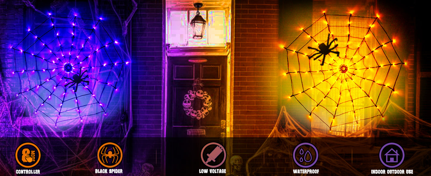 EAMBRITE Halloween Spider Web Lights with 84LED Orange/Purple Lights