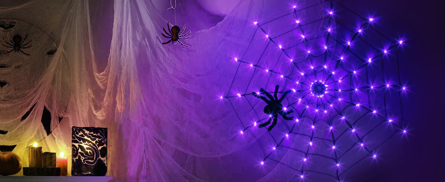 EAMBRITE Halloween Spider Web Lights with 84LED Orange/Purple Lights