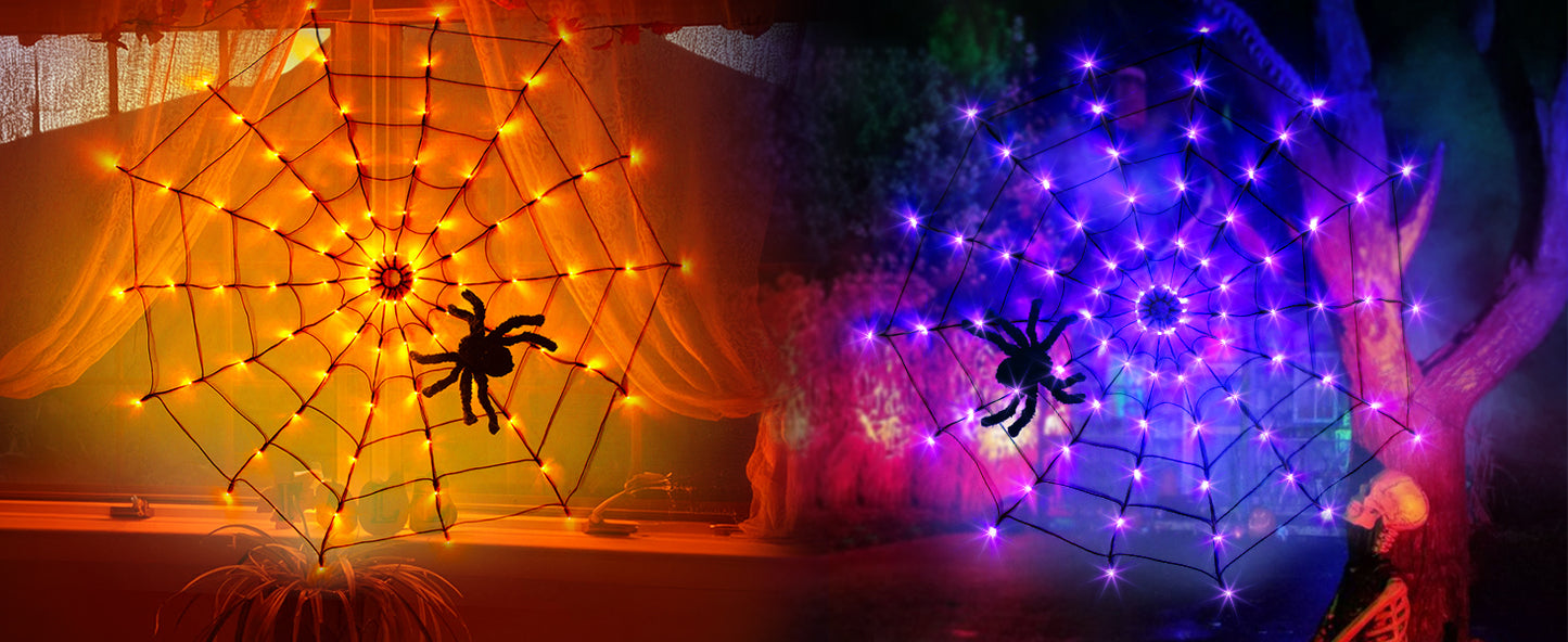 EAMBRITE Halloween Spider Web Lights with 84LED Orange/Purple Lights