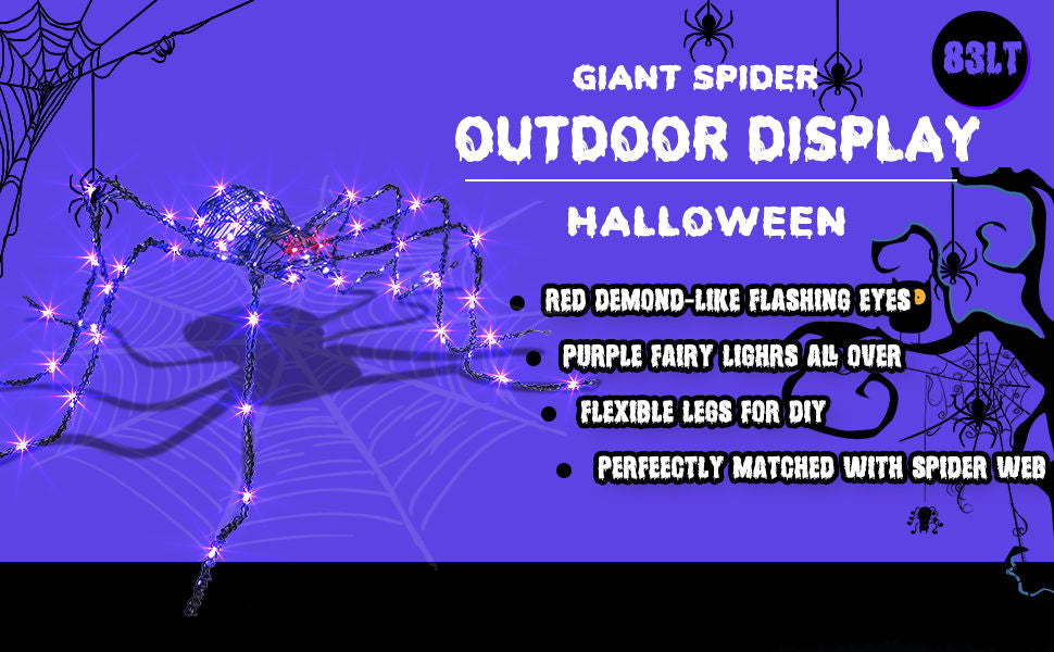 EAMBRITE 5FT Halloween Giant Spider, Light Up Spider Outdoor with 84 LED Purple Lights
