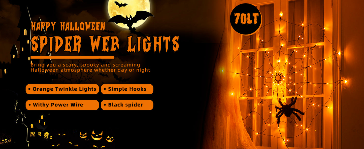 EAMBRITE Halloween Spider Web Lights with 70LED Orange Lights