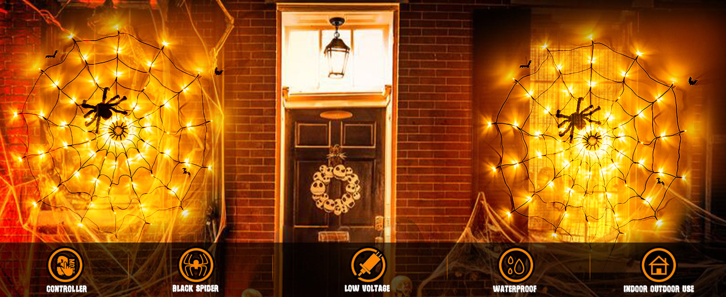 EAMBRITE Halloween Spider Web Lights with 70LED Orange Lights
