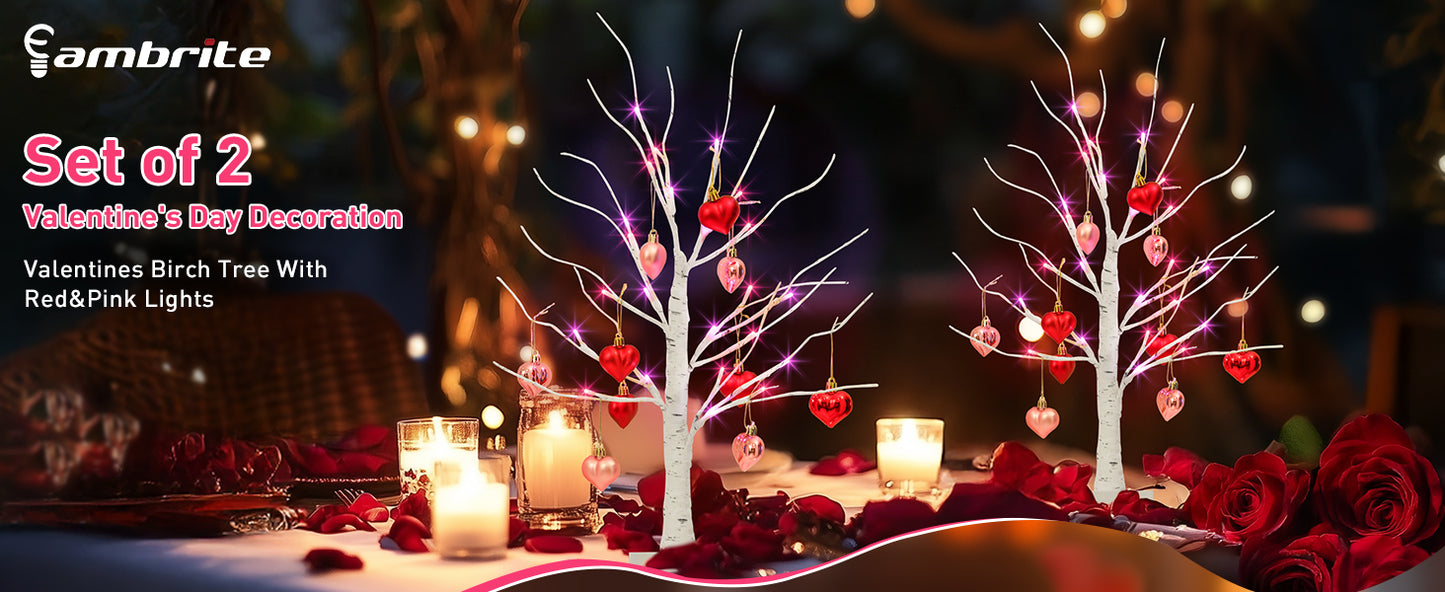 2er Set Birkenbäume mit herzförmigen Ornamenten, beleuchteter künstlicher Baum mit 24 Pink & Rot LEDs
