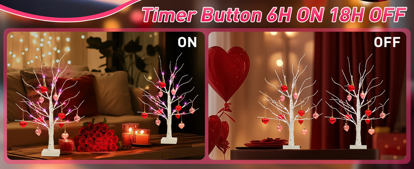 2er Set Birkenbäume mit herzförmigen Ornamenten, beleuchteter künstlicher Baum mit 24 Pink & Rot LEDs