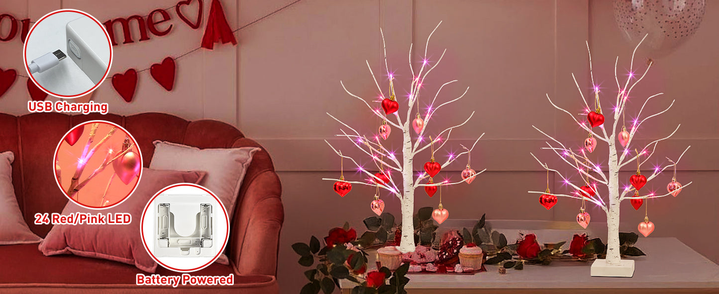 2er Set Birkenbäume mit herzförmigen Ornamenten, beleuchteter künstlicher Baum mit 24 Pink & Rot LEDs