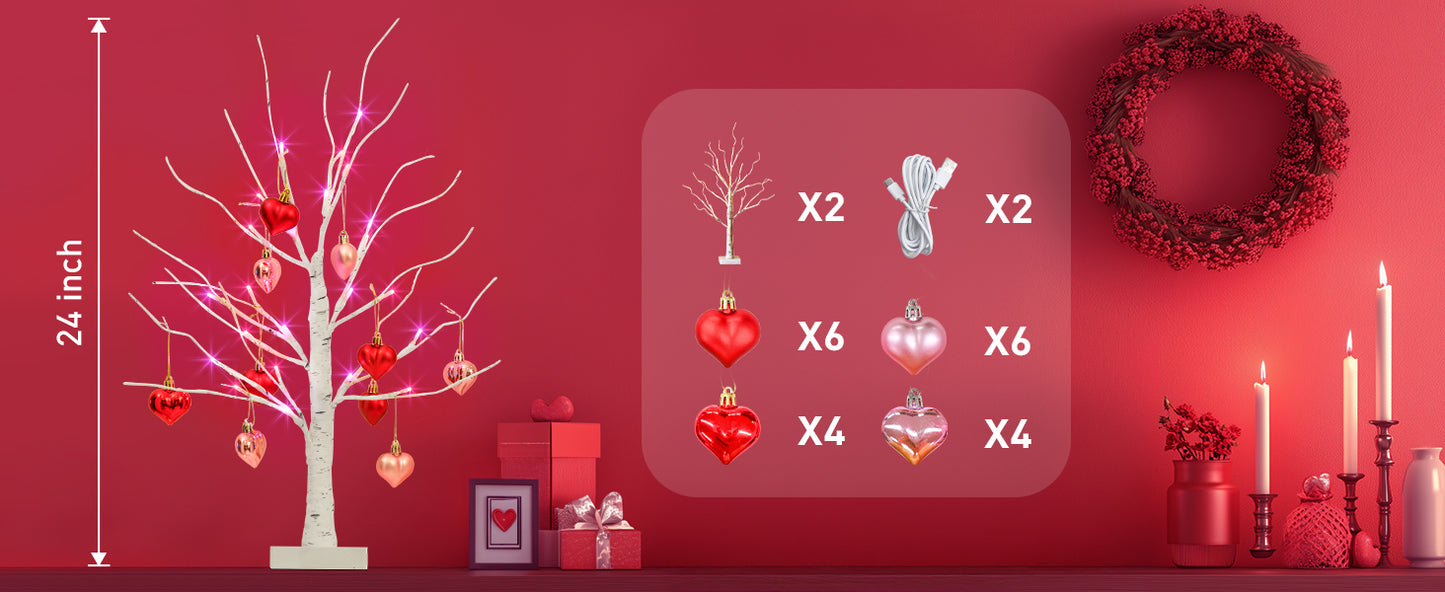 2er Set Birkenbäume mit herzförmigen Ornamenten, beleuchteter künstlicher Baum mit 24 Pink & Rot LEDs