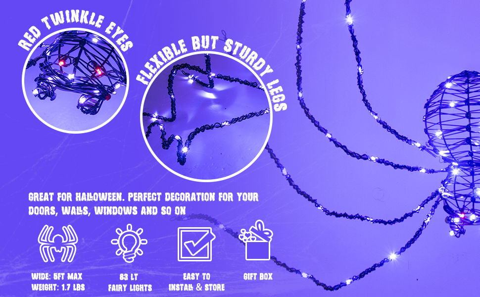 EAMBRITE 5FT Halloween Giant Spider, Light Up Spider Outdoor with 84 LED Purple Lights