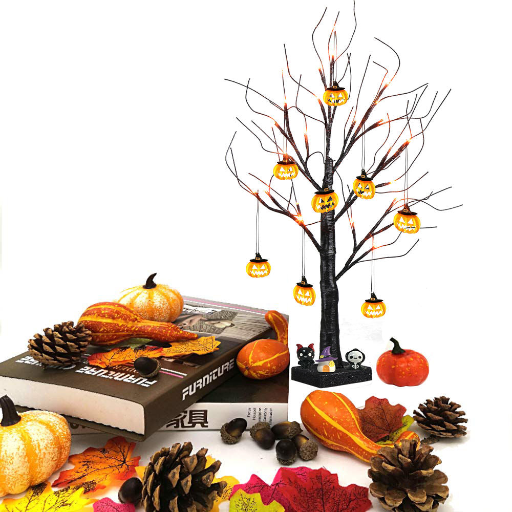 EAMBRITE Halloween Tree, 2FT Black Spooky Tree with 24 LED Orange Lights 8 Pumpkin