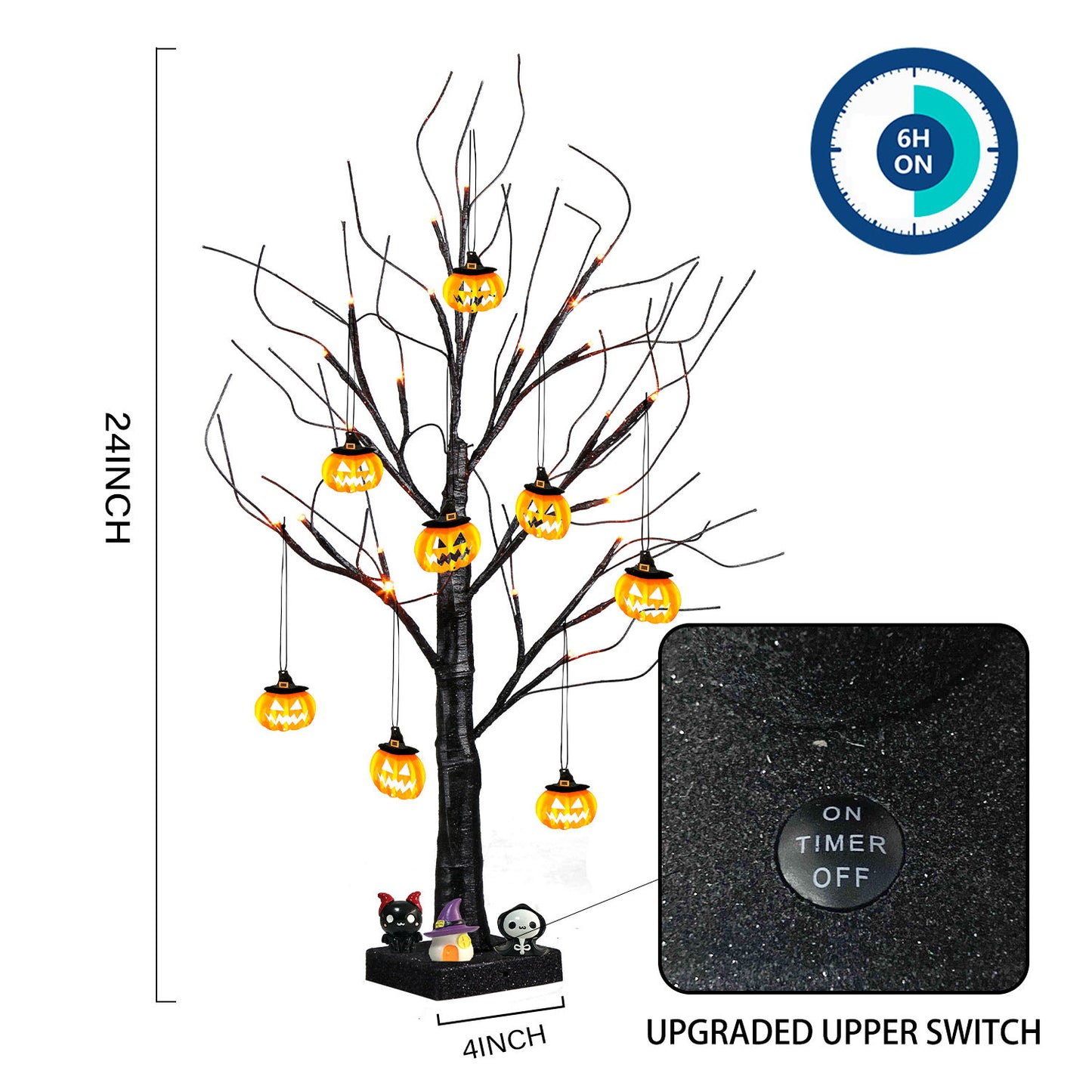 EAMBRITE Halloween Tree, 2FT Black Spooky Tree with 24 LED Orange Lights 8 Pumpkin