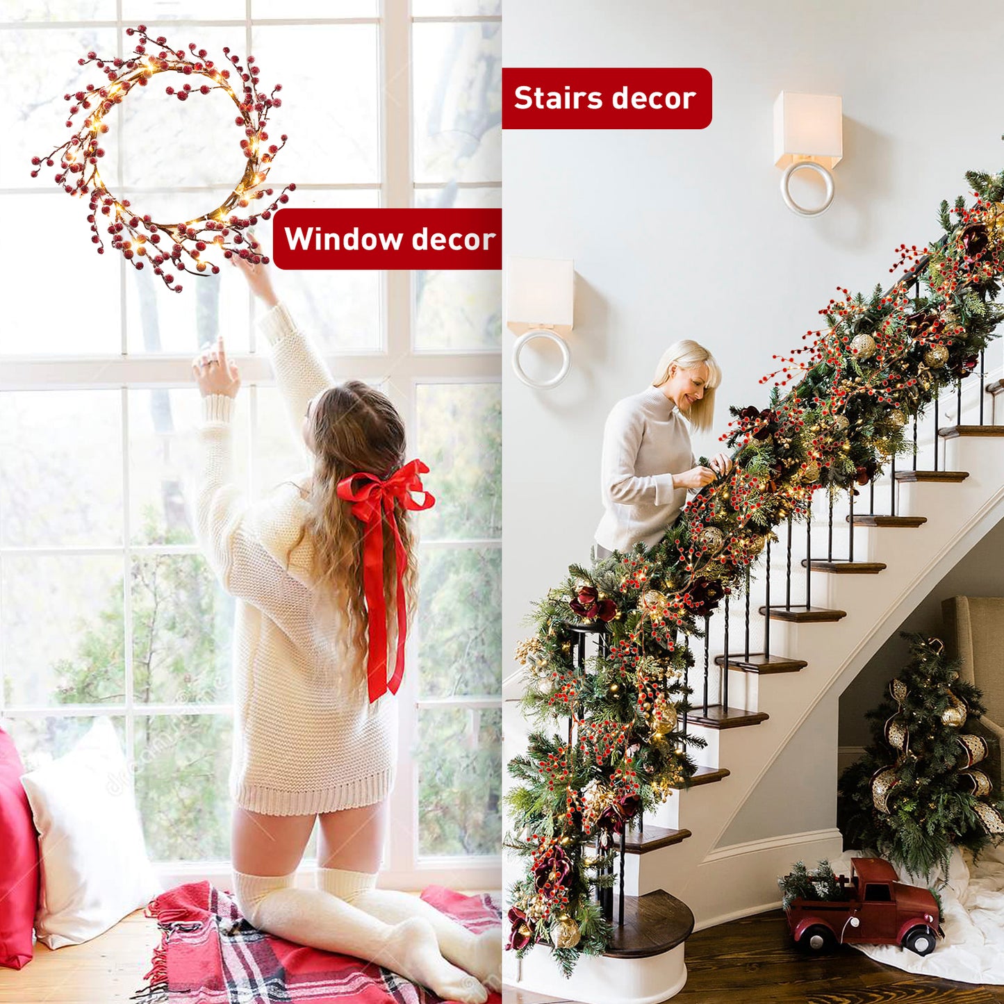 EAMBRITE Lighted Red Berry Garland, 6 FT 88 LED Christmas Garland with Warm White Lighs