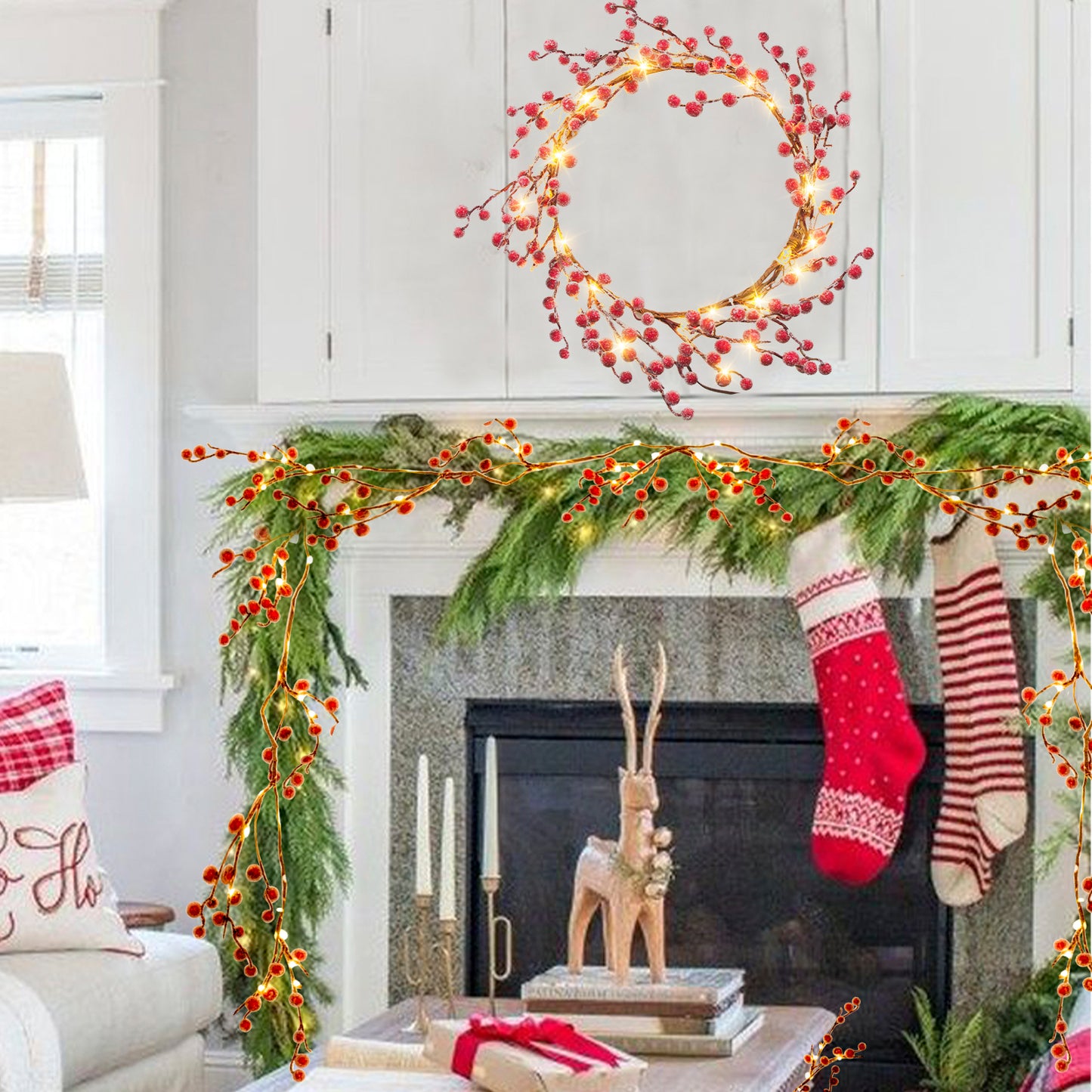 EAMBRITE Lighted Red Berry Garland, 6 FT 88 LED Christmas Garland with Warm White Lighs