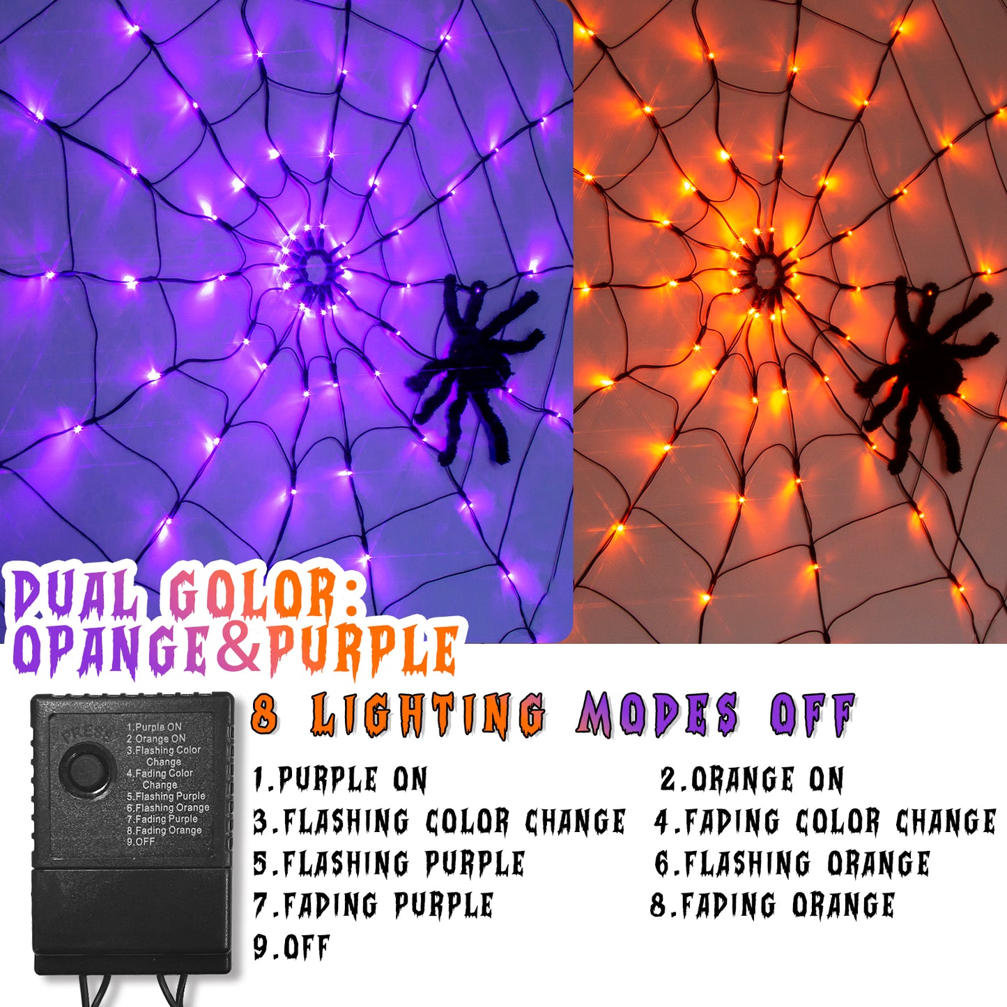 EAMBRITE Halloween Spider Web Lights with 84LED Orange/Purple Lights