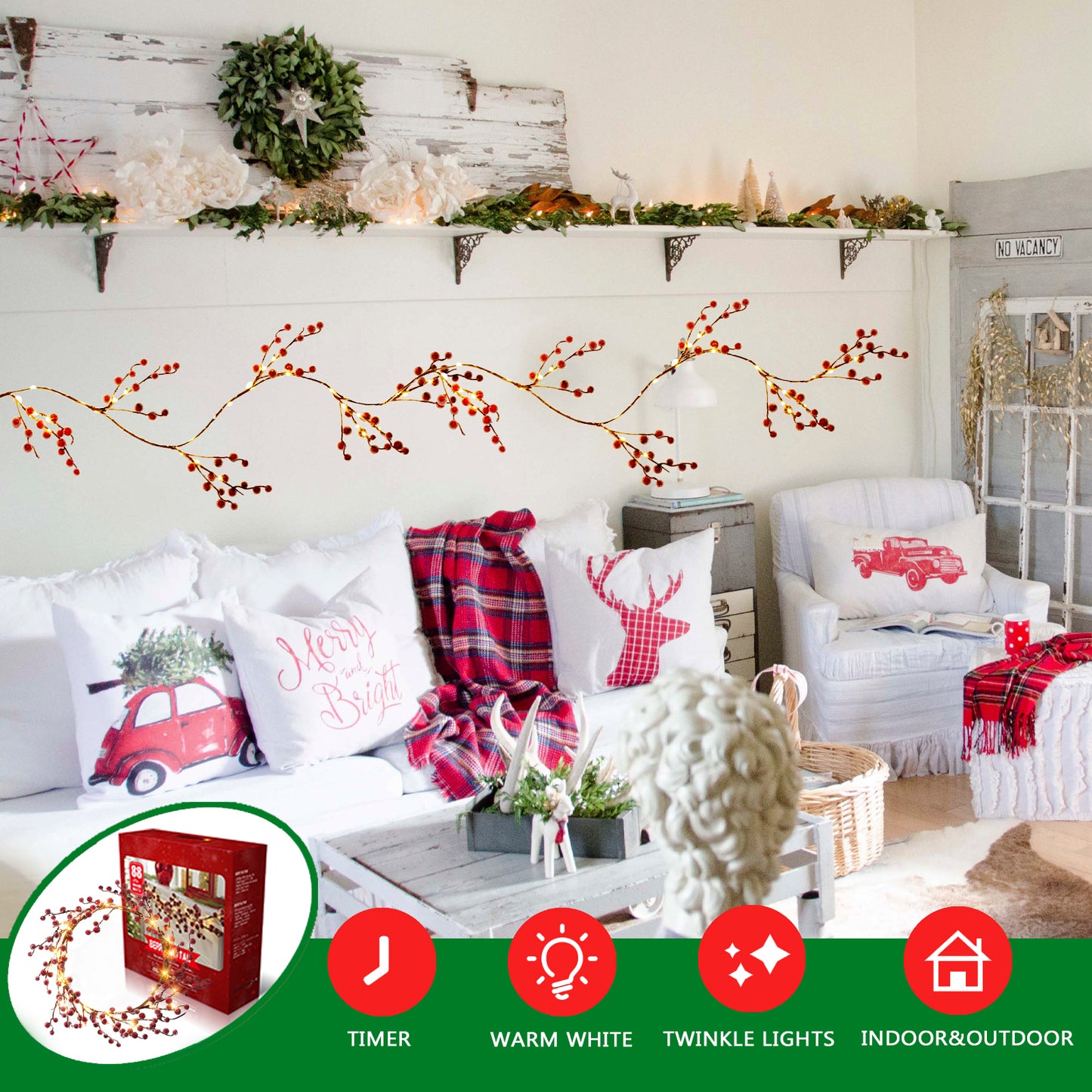 EAMBRITE Lighted Red Berry Garland, 6 FT 88 LED Christmas Garland with Warm White Lighs
