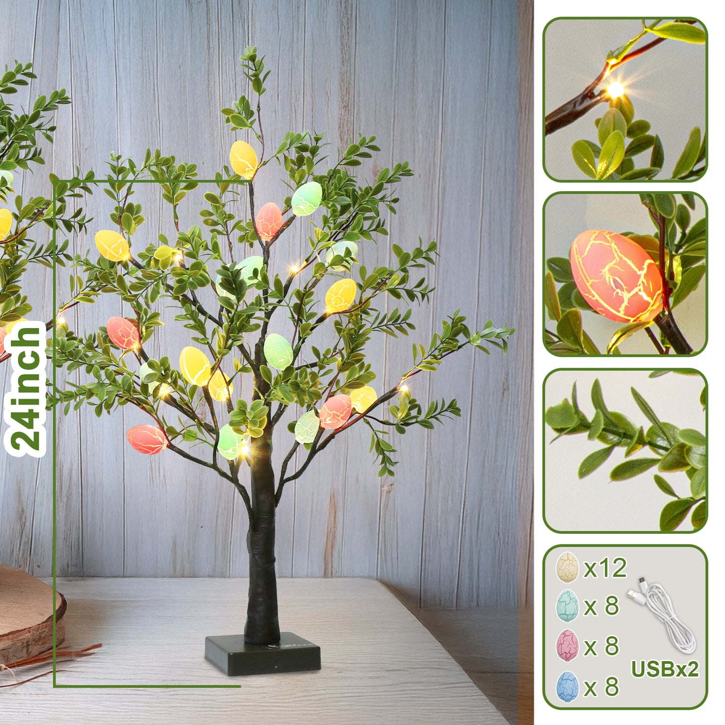 EAMBRITE Easter Decorations Easter Tree with Eggs, 2Ft Tabletop Tree with 24 LED Lights
