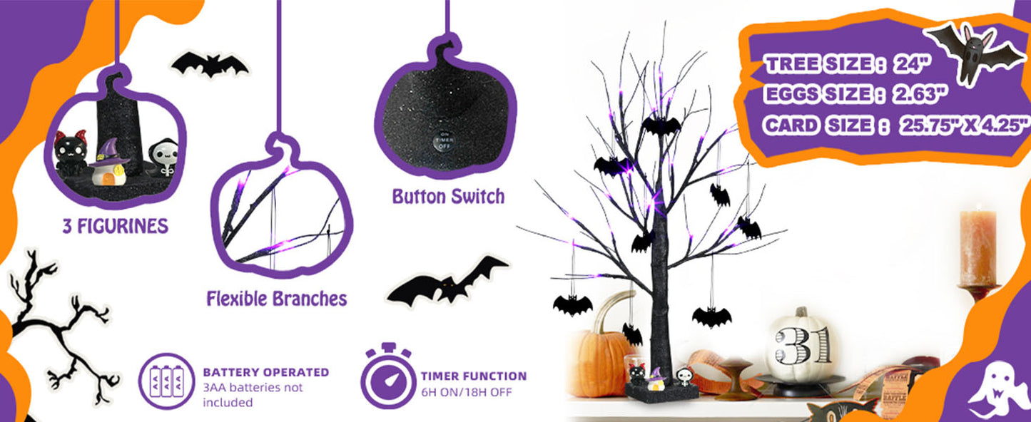 EAMBRITE Halloween Tree, 2FT Black Spooky Tree with 24 LED Purple Lights and 8 Bats