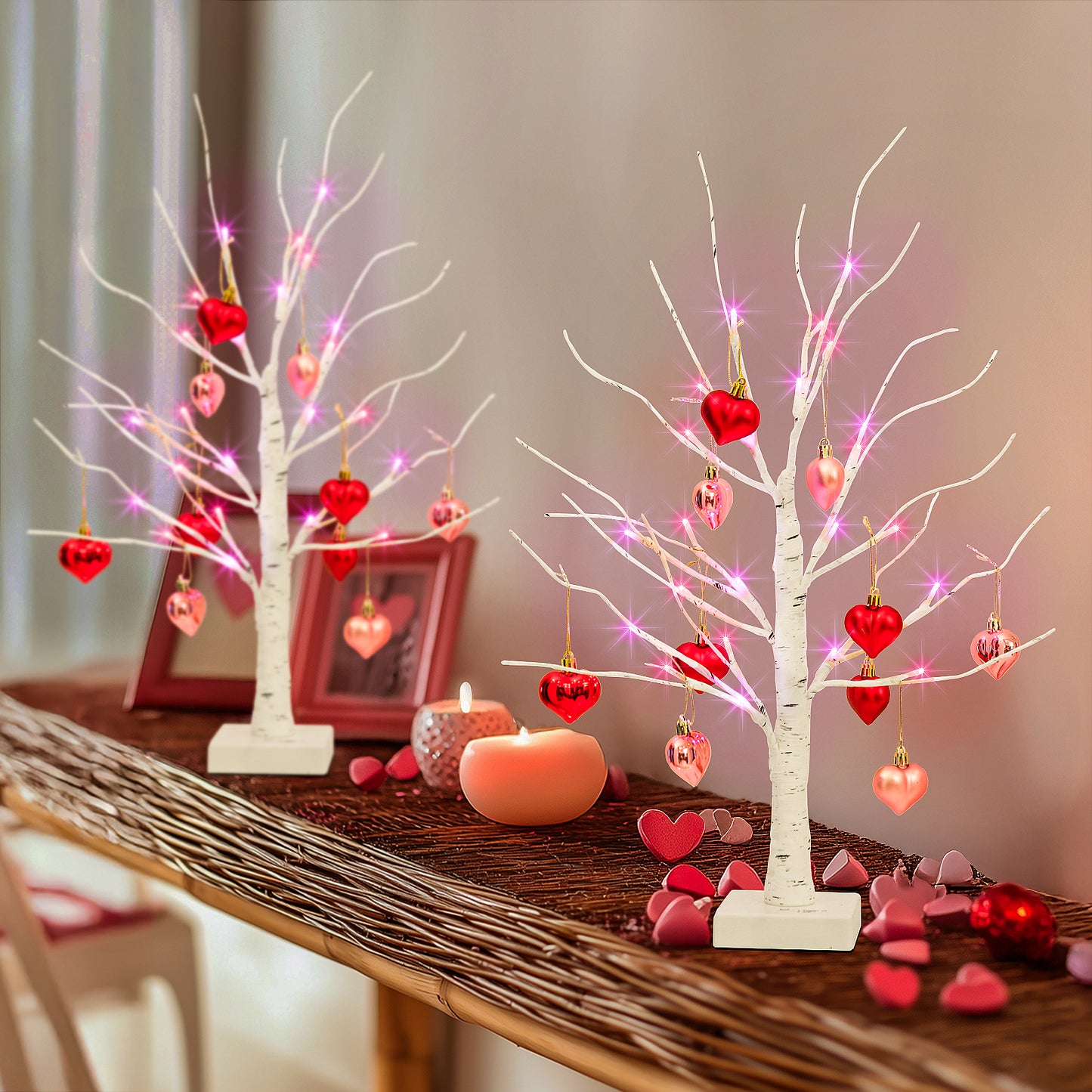 2 Paquetes de Árboles de Abedul con Adornos en Forma de Corazón, Árbol Artificial Iluminado con 24 Luces LED Rosas y Rojas
