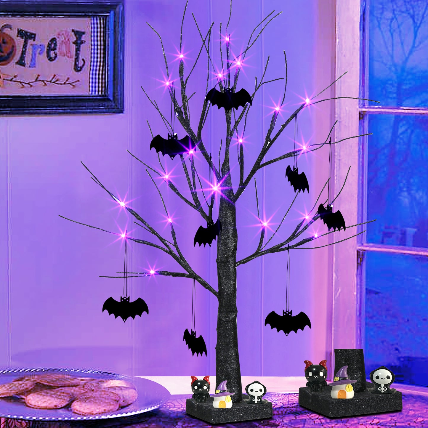 EAMBRITE Halloween Tree, 2FT Black Spooky Tree with 24 LED Purple Lights and 8 Bats