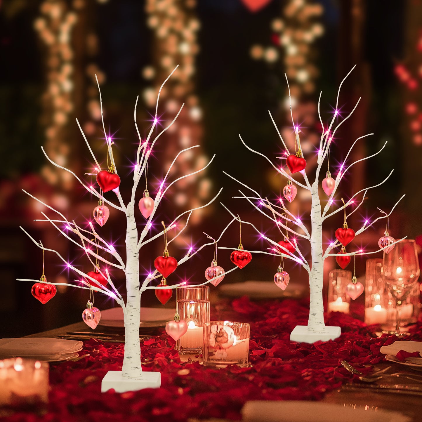 2 Paquetes de Árboles de Abedul con Adornos en Forma de Corazón, Árbol Artificial Iluminado con 24 Luces LED Rosas y Rojas