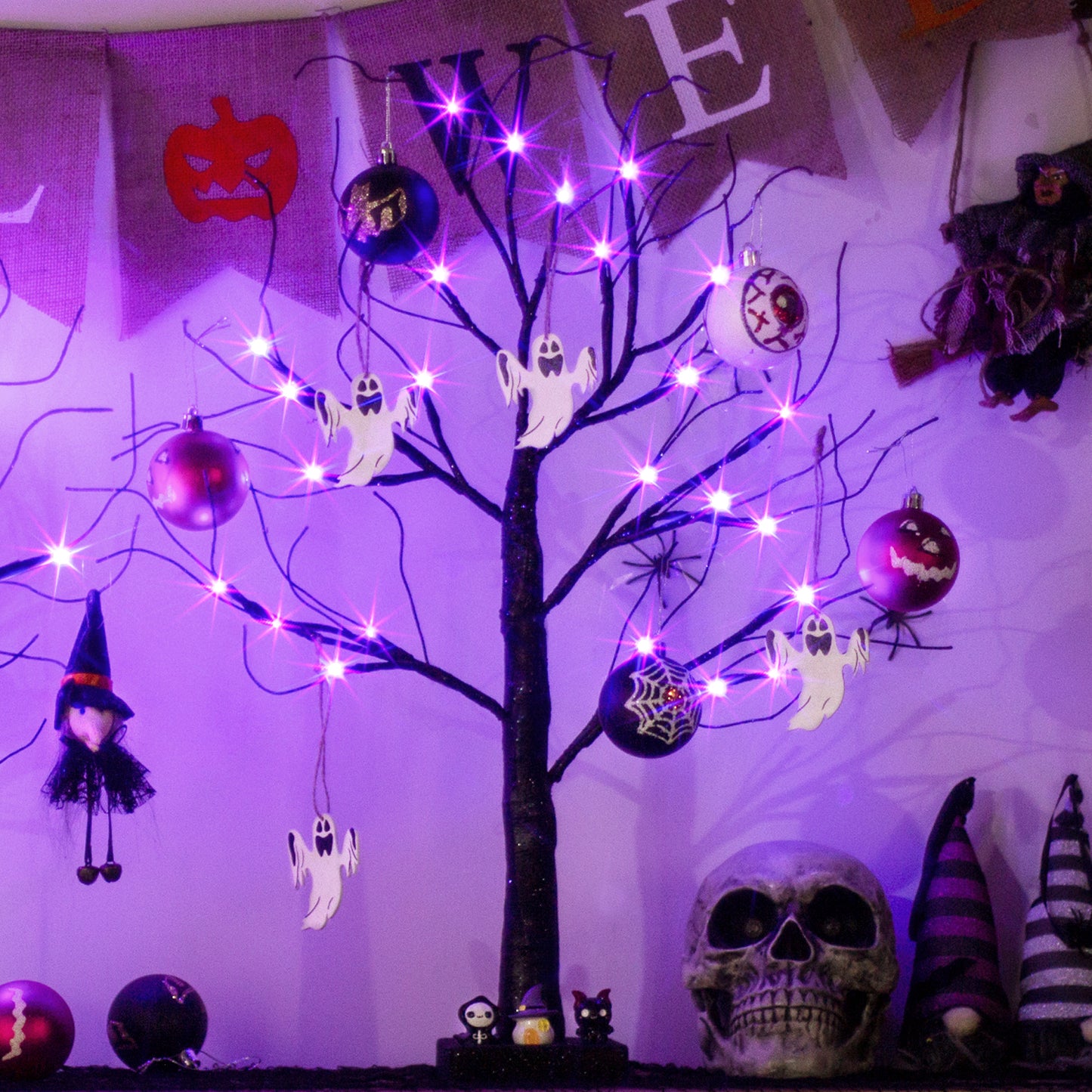 EAMBRITE Halloween Tree, 2FT Black Spooky Tree with 24 LED Purple Lights and 8 Bats
