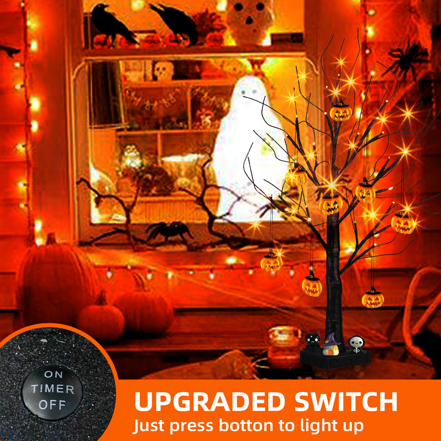 EAMBRITE Halloween Tree, 2FT Black Spooky Tree with 24 LED Orange Lights 8 Pumpkin