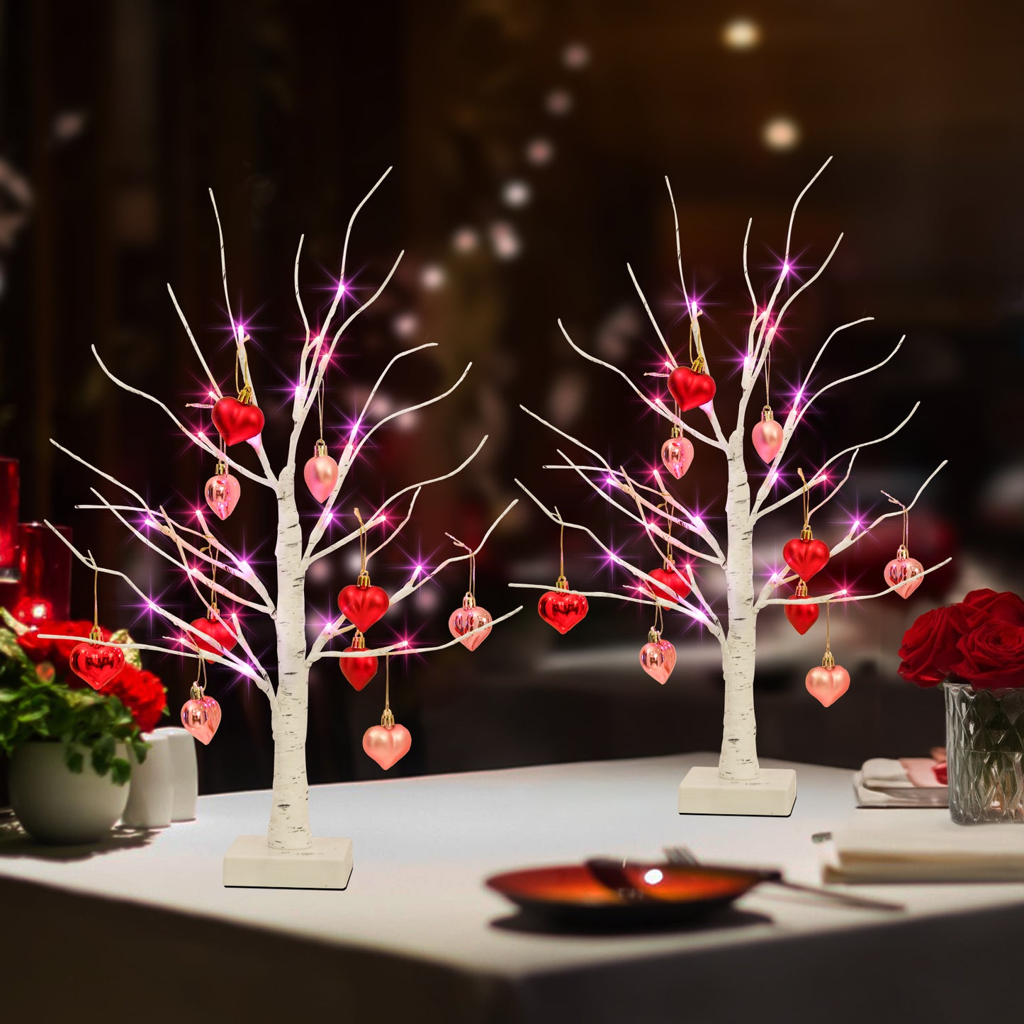 2 Paquetes de Árboles de Abedul con Adornos en Forma de Corazón, Árbol Artificial Iluminado con 24 Luces LED Rosas y Rojas