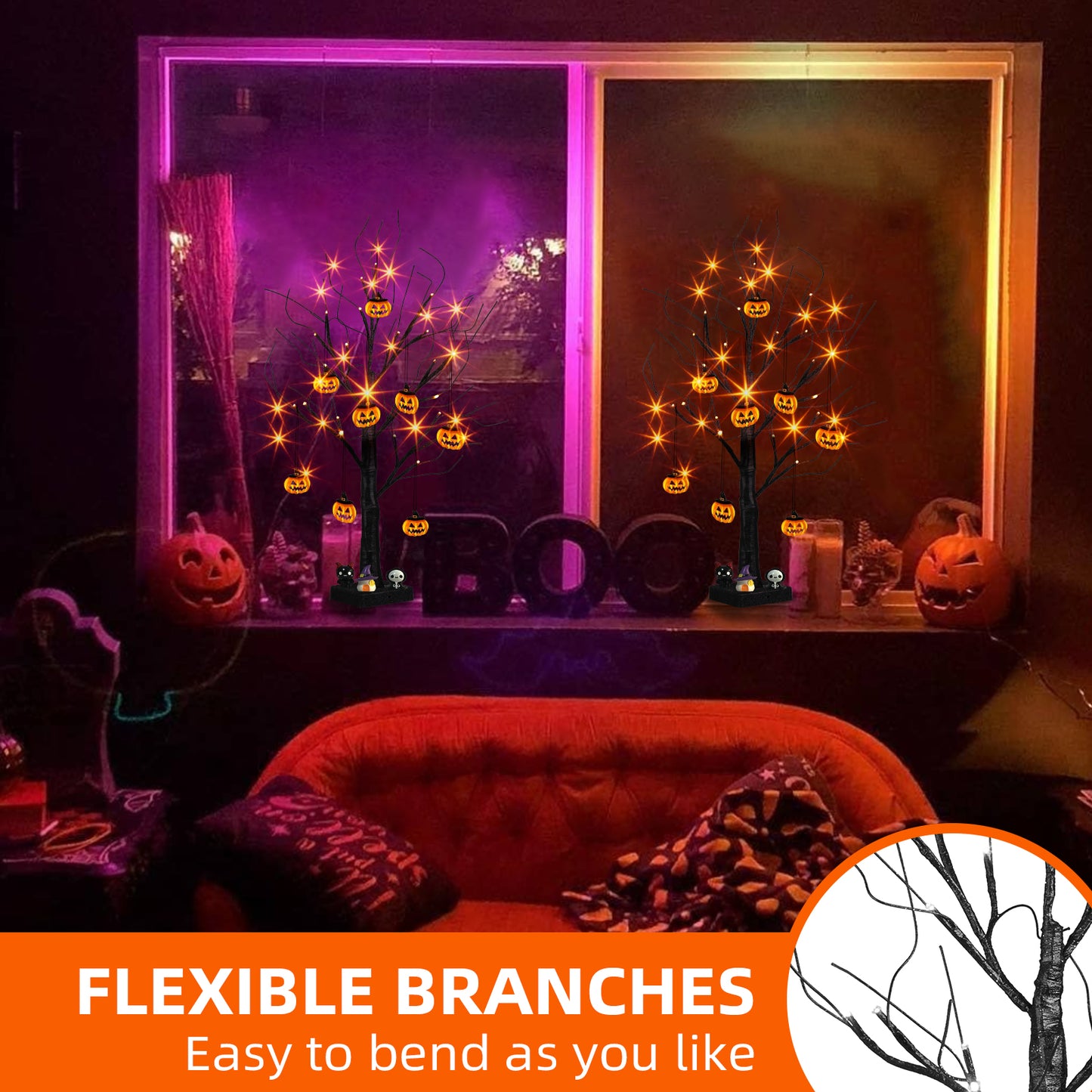 EAMBRITE Halloween Tree, 2FT Black Spooky Tree with 24 LED Orange Lights 8 Pumpkin