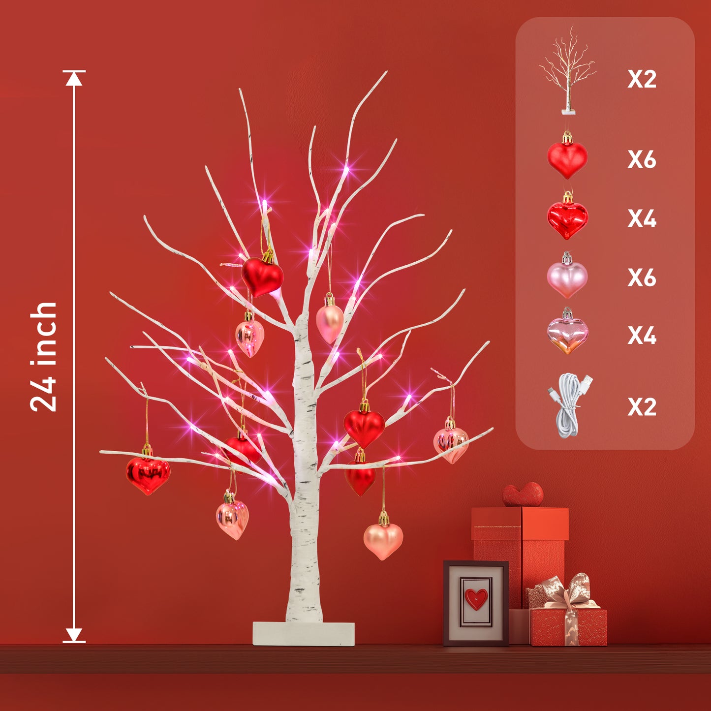 2 Paquetes de Árboles de Abedul con Adornos en Forma de Corazón, Árbol Artificial Iluminado con 24 Luces LED Rosas y Rojas