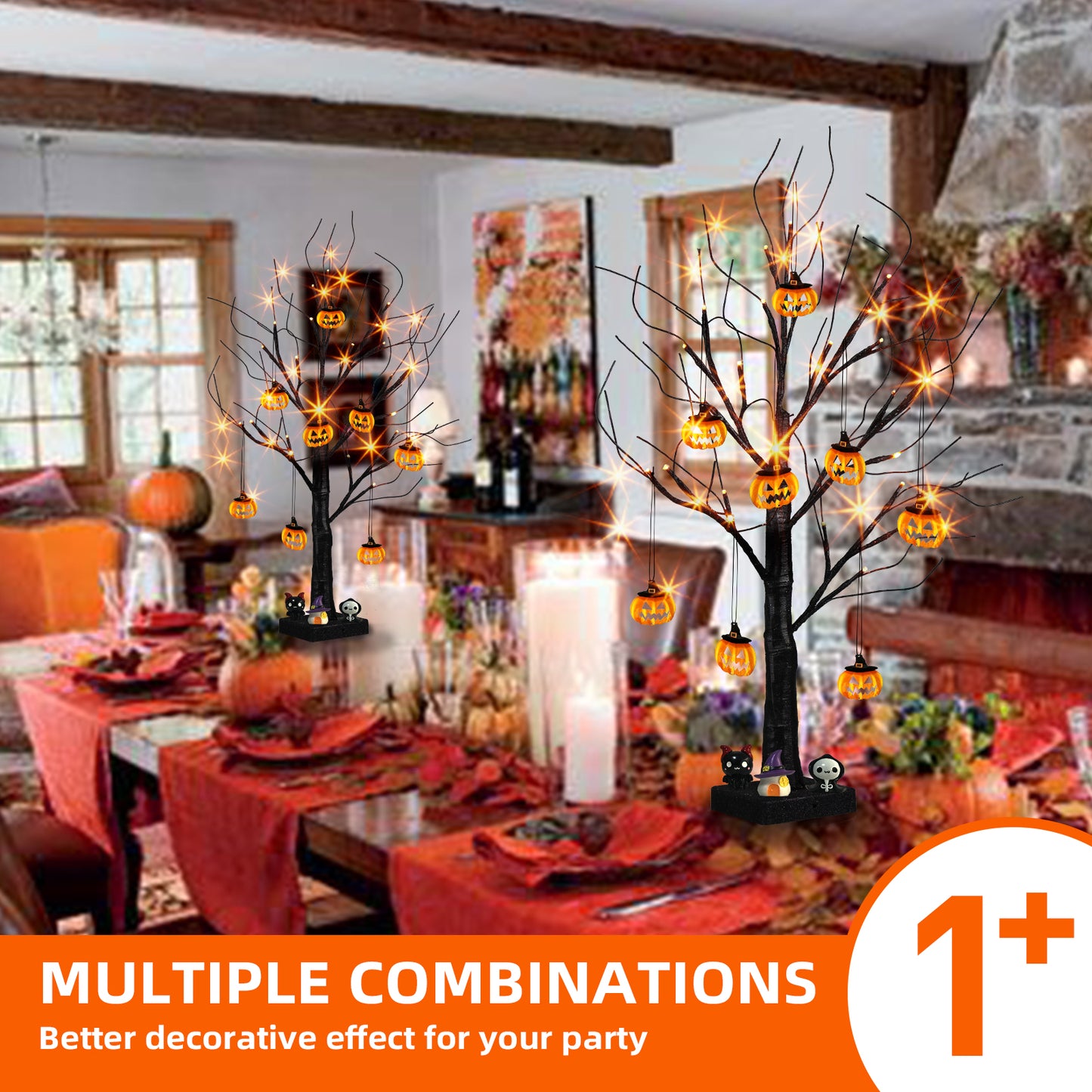 EAMBRITE Halloween Tree, 2FT Black Spooky Tree with 24 LED Orange Lights 8 Pumpkin