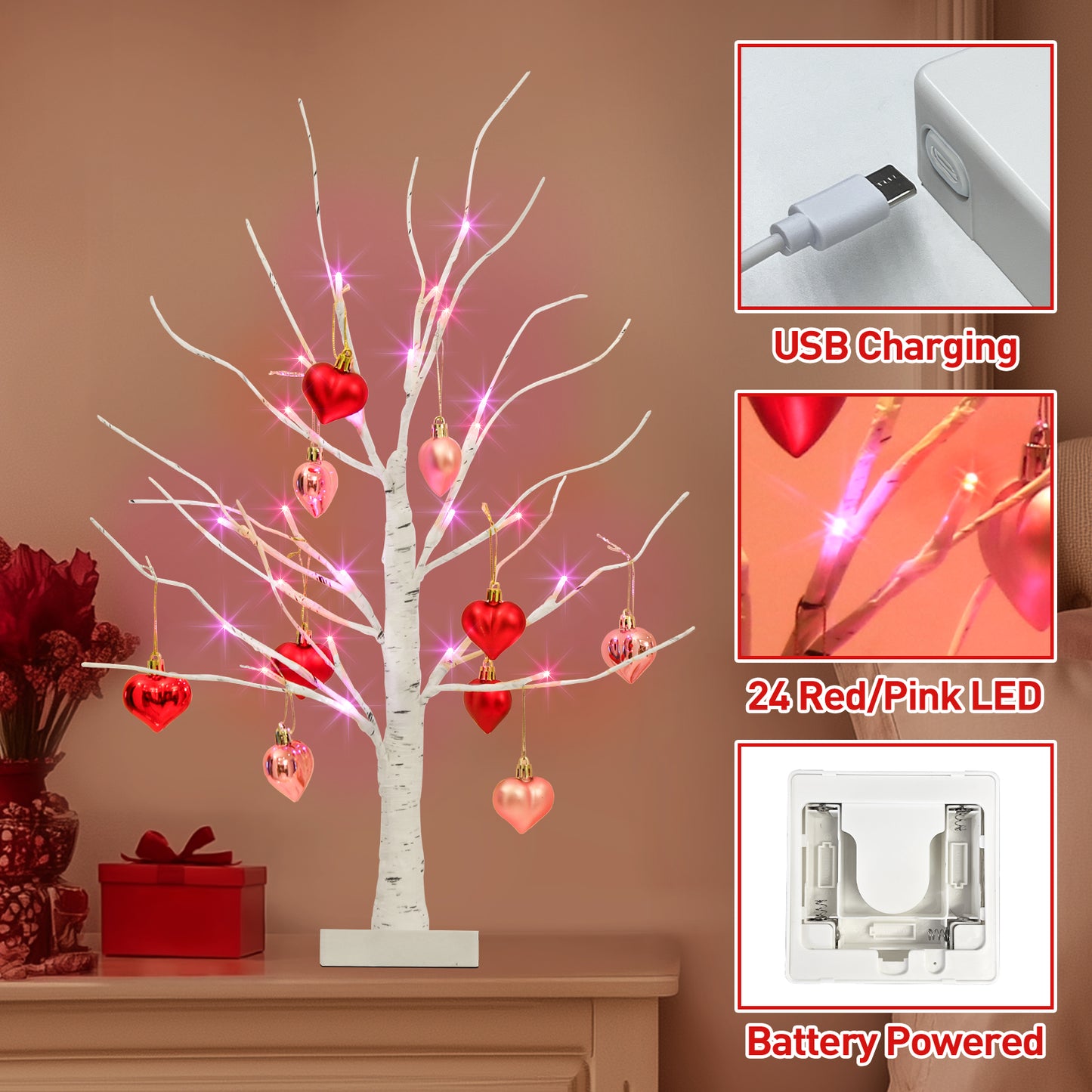 2 Paquetes de Árboles de Abedul con Adornos en Forma de Corazón, Árbol Artificial Iluminado con 24 Luces LED Rosas y Rojas