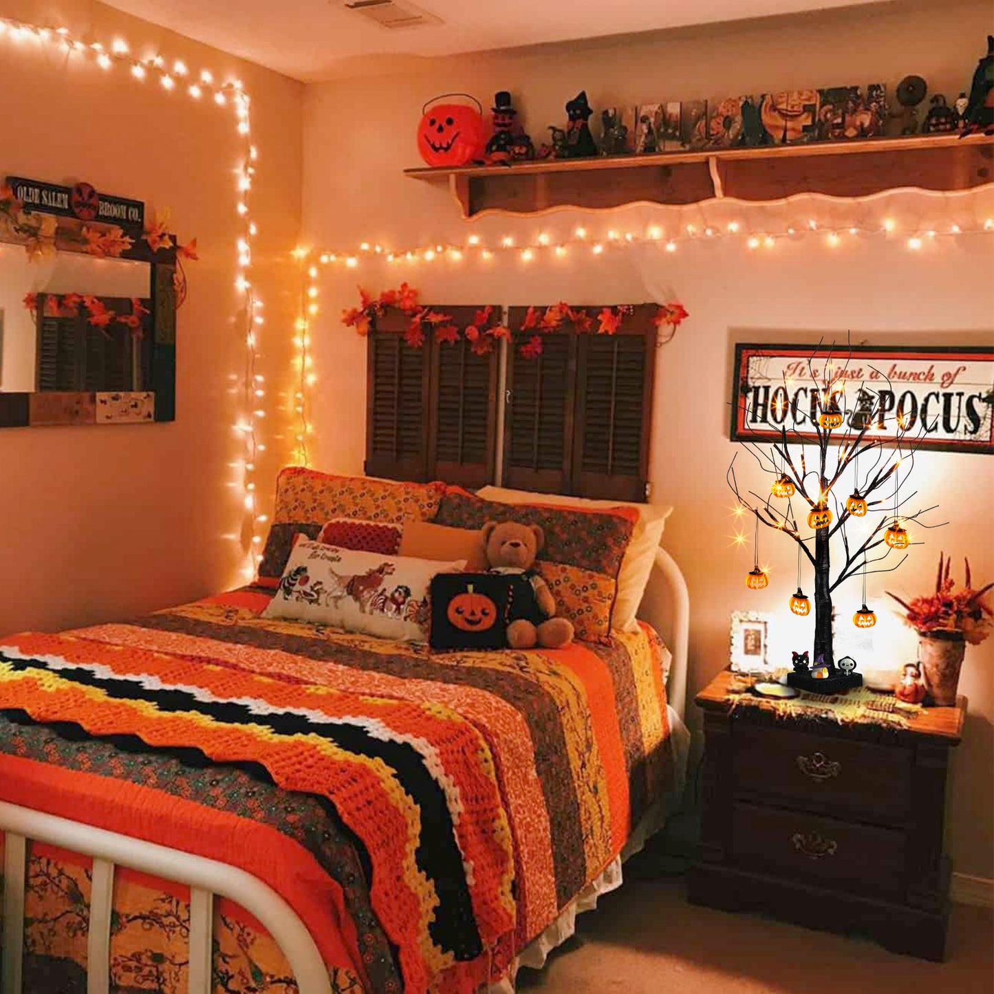 EAMBRITE Halloween Tree, 2FT Black Spooky Tree with 24 LED Orange Lights 8 Pumpkin