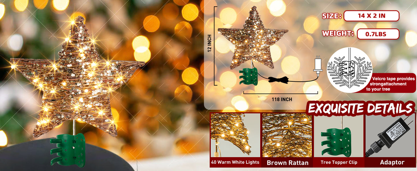 EAMBRITE 13.37” 40 LED Christmas Rattan Tree Topper