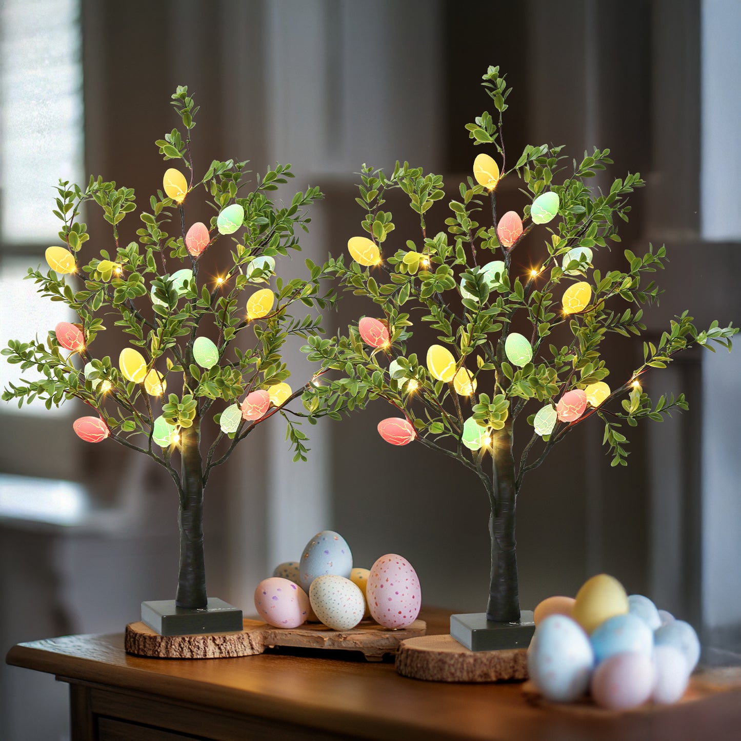 EAMBRITE Easter Decorations Easter Tree with Eggs, 2Ft Tabletop Tree with 24 LED Lights