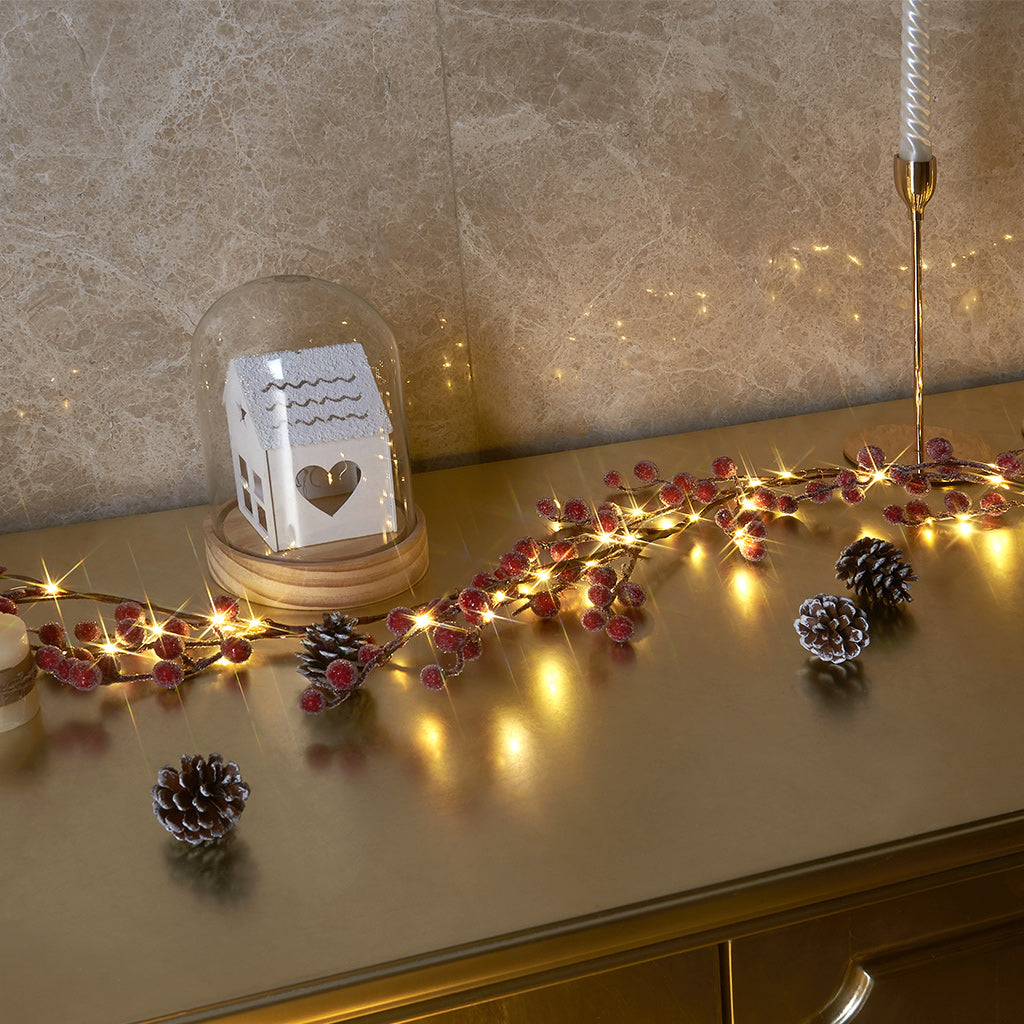 EAMBRITE Lighted Red Berry Garland, 6 FT 88 LED Christmas Garland with Warm White Lighs