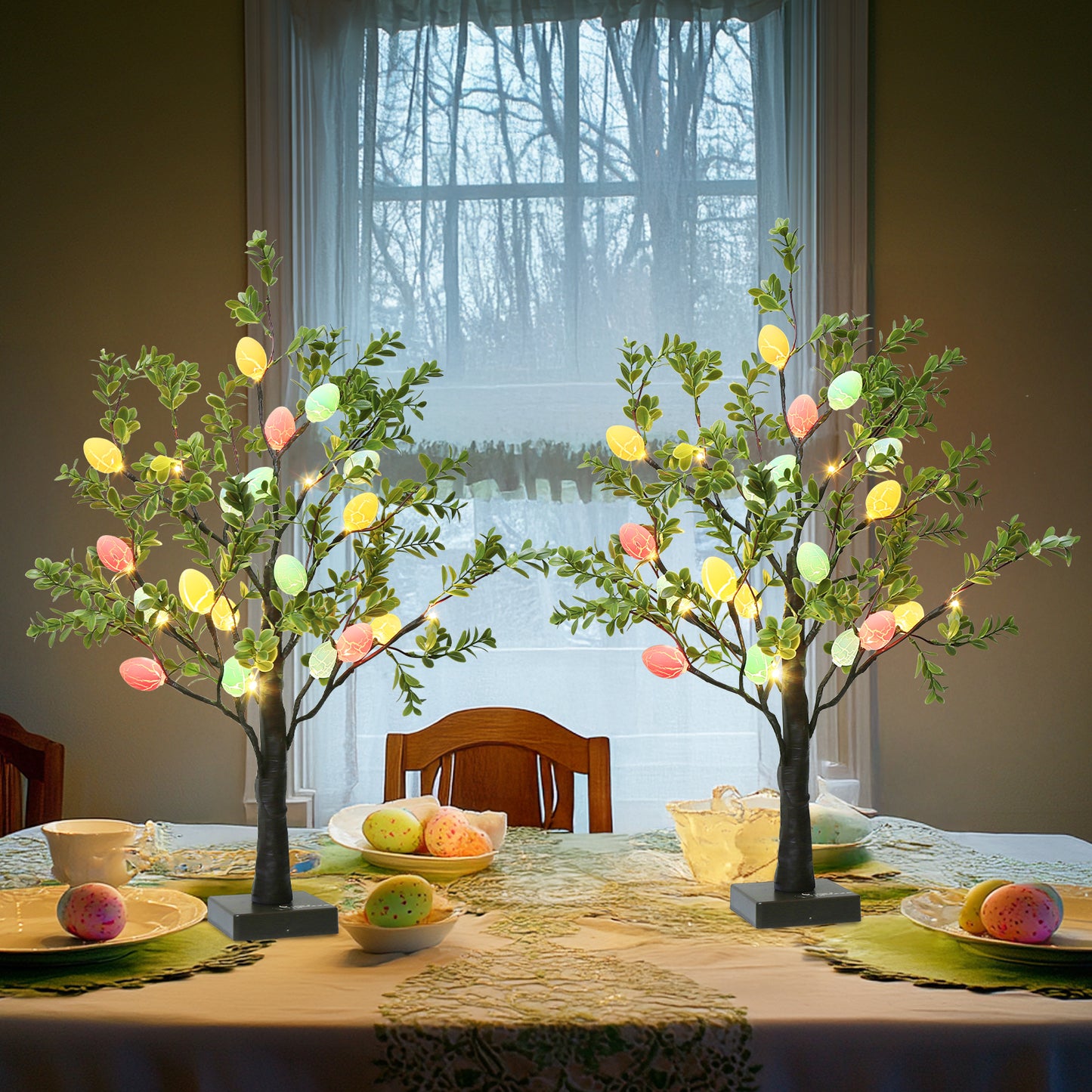 EAMBRITE Easter Decorations Easter Tree with Eggs, 2Ft Tabletop Tree with 24 LED Lights