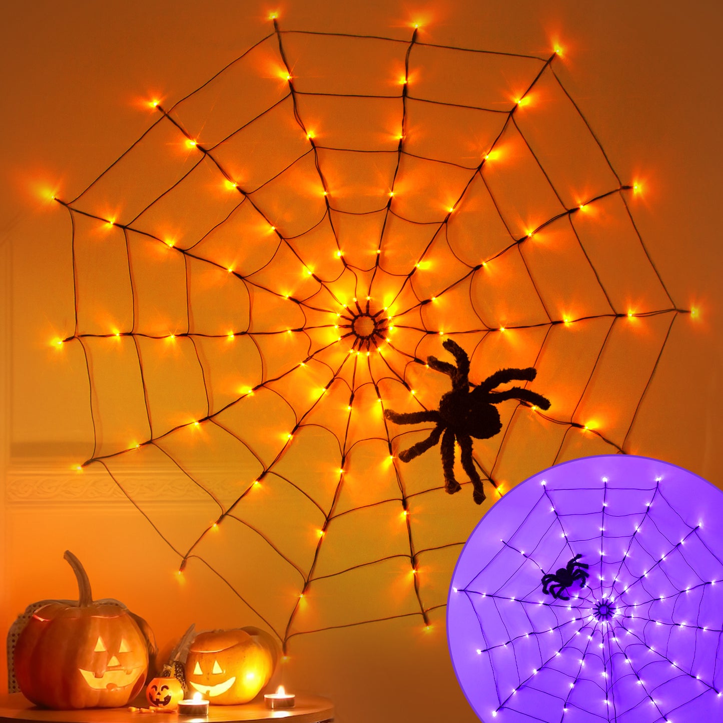 EAMBRITE Halloween Spider Web Lights with 84LED Orange/Purple Lights
