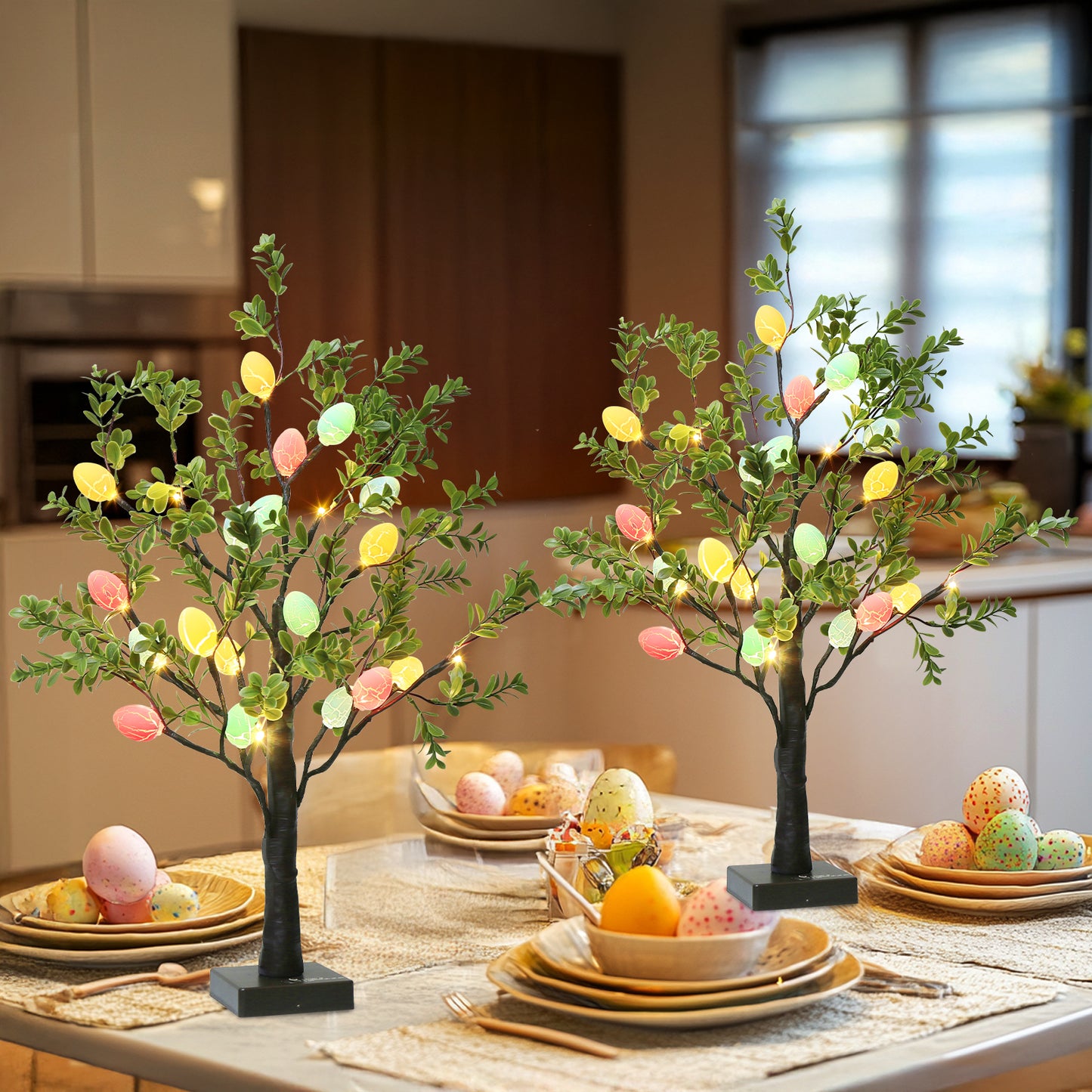 EAMBRITE Easter Decorations Easter Tree with Eggs, 2Ft Tabletop Tree with 24 LED Lights