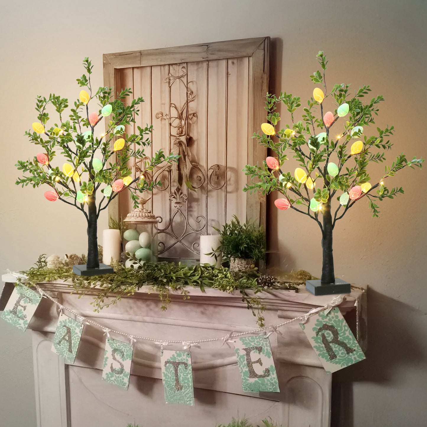 EAMBRITE Easter Decorations Easter Tree with Eggs, 2Ft Tabletop Tree with 24 LED Lights